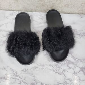 Ugg Black Curly Fuzzy Sheepskin Shearling Slides Slide Sandals